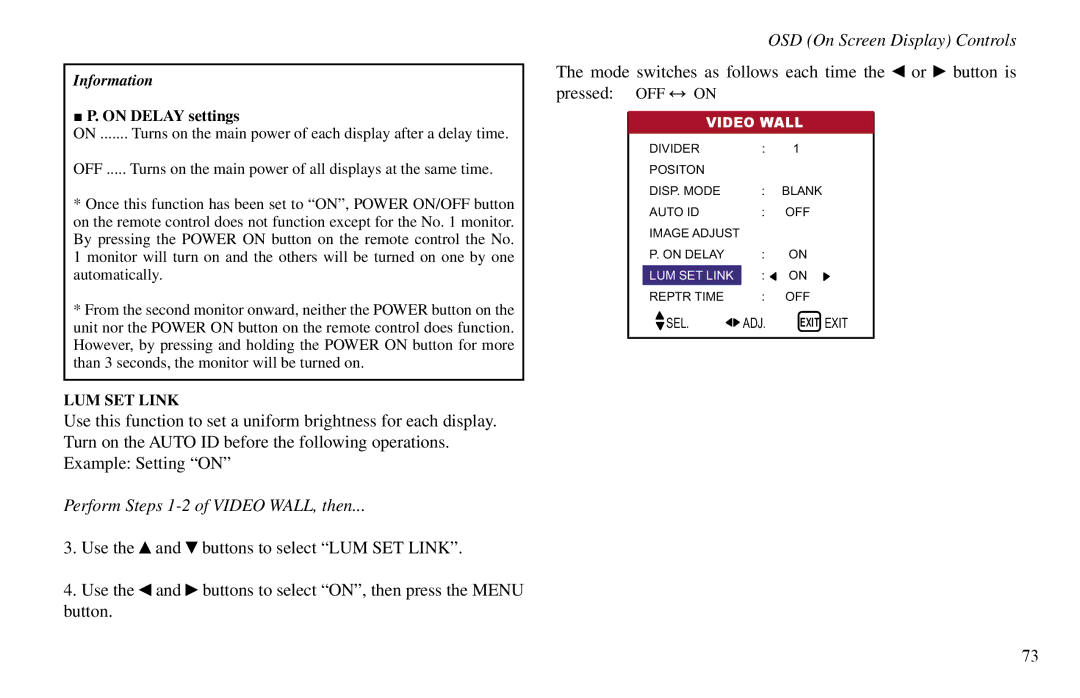 Vidikron VP-50, VP-60, VP-42HD owner manual On Delay settings, Video Wall 