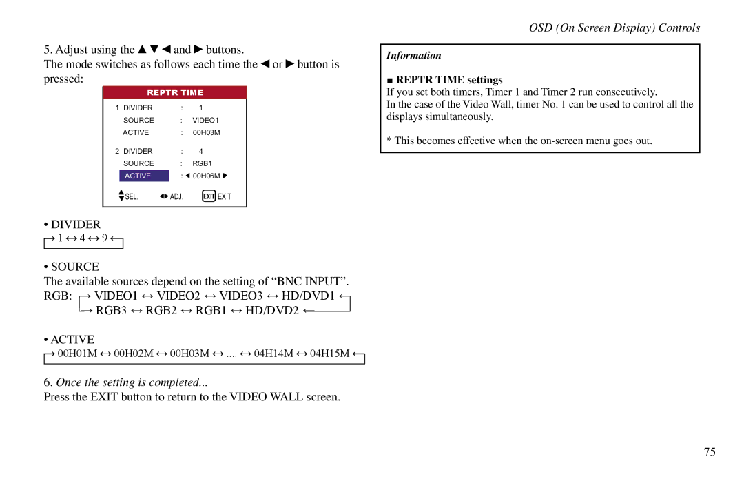 Vidikron VP-60, VP-42HD, VP-50 owner manual Divider Source, Reptr Time settings 