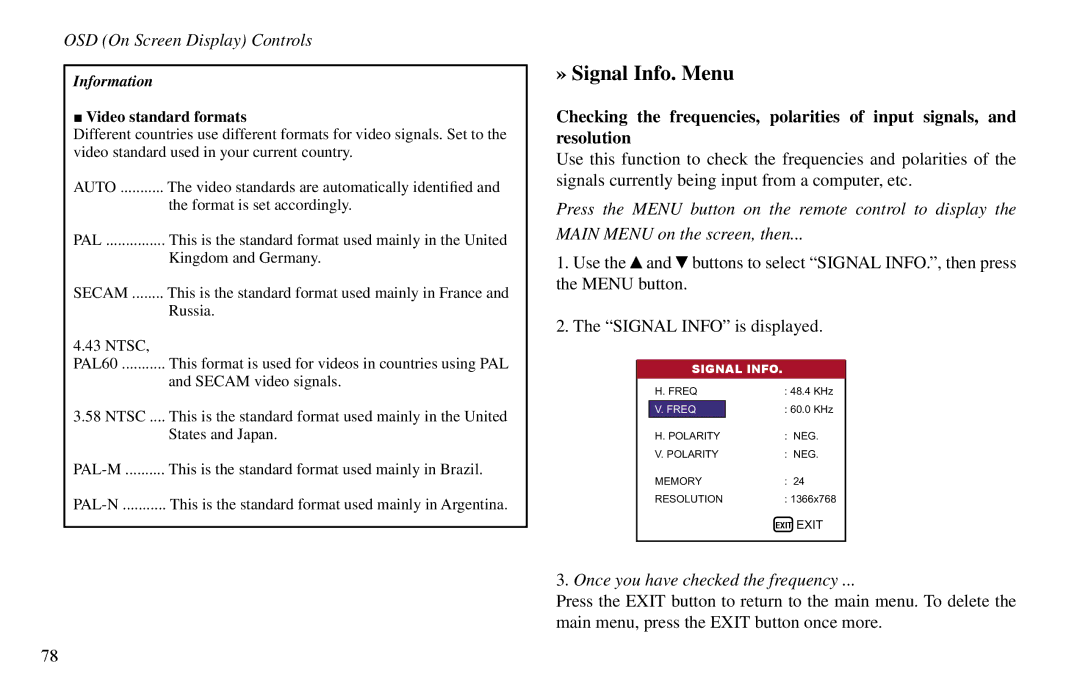 Vidikron VP-60, VP-42HD, VP-50 » Signal Info. Menu, Once you have checked the frequency, Video standard formats 