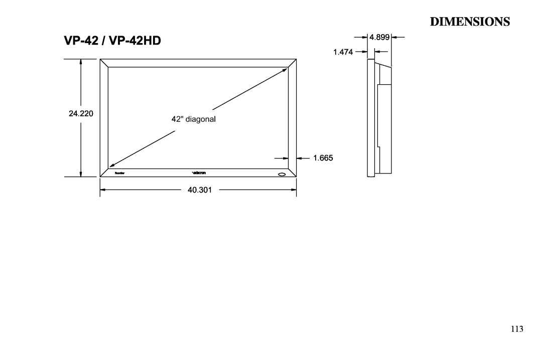 Vidikron VP-50, VP-60 owner manual Dimensions, VP-42 / VP-42HD, 4.899 1.474, 1.665 40.301 