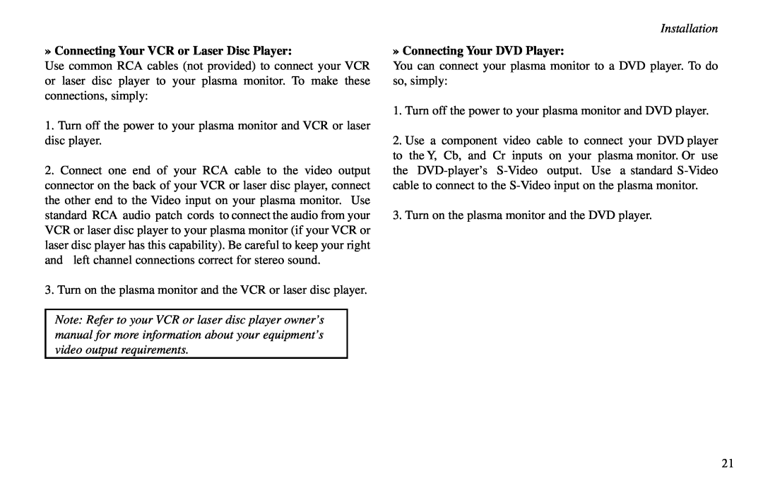 Vidikron VP-50, VP-60, VP-42HD » Connecting Your VCR or Laser Disc Player, » Connecting Your DVD Player, Installation 