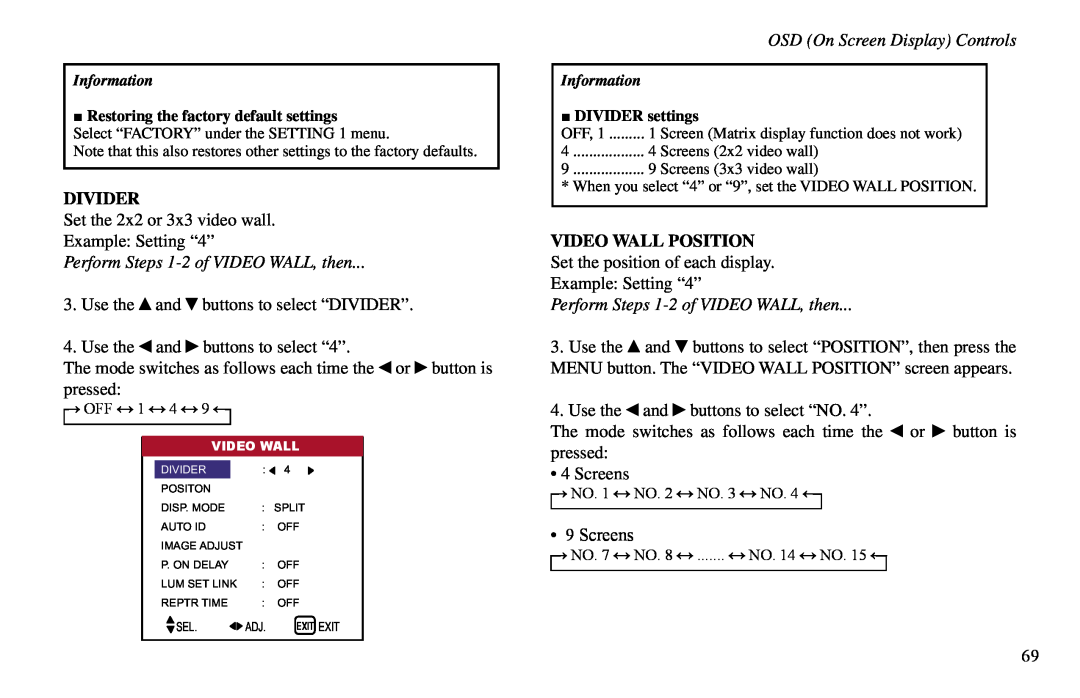 Vidikron VP-50, VP-60 Divider, Perform Steps 1-2 of VIDEO WALL, then, Video Wall Position, OSD On Screen Display Controls 