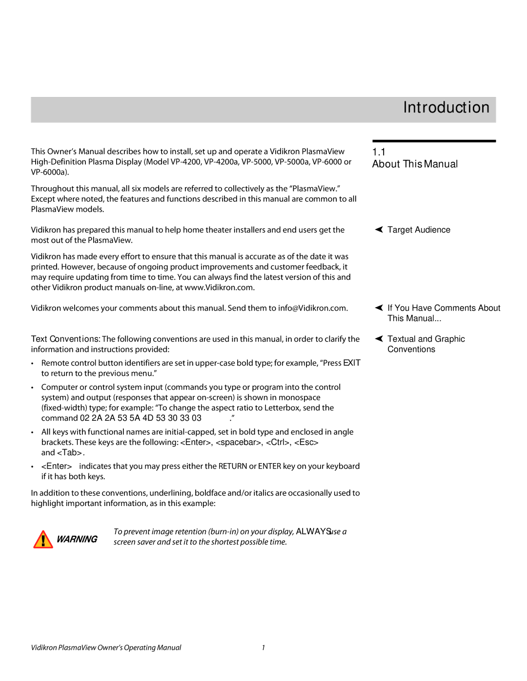 Vidikron VP-6000a, VP-4200a, VP-5000a manual 1Introduction, About This Manual 