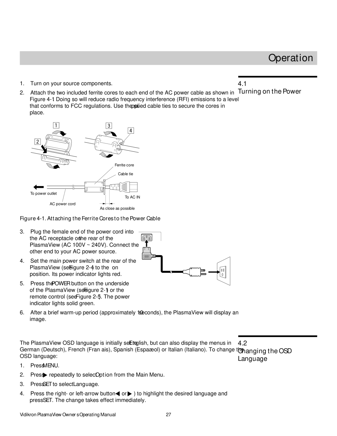 Vidikron VP-6000a, VP-4200a, VP-5000a manual 4Operation, Turning on the Power, Changing the OSD Language 