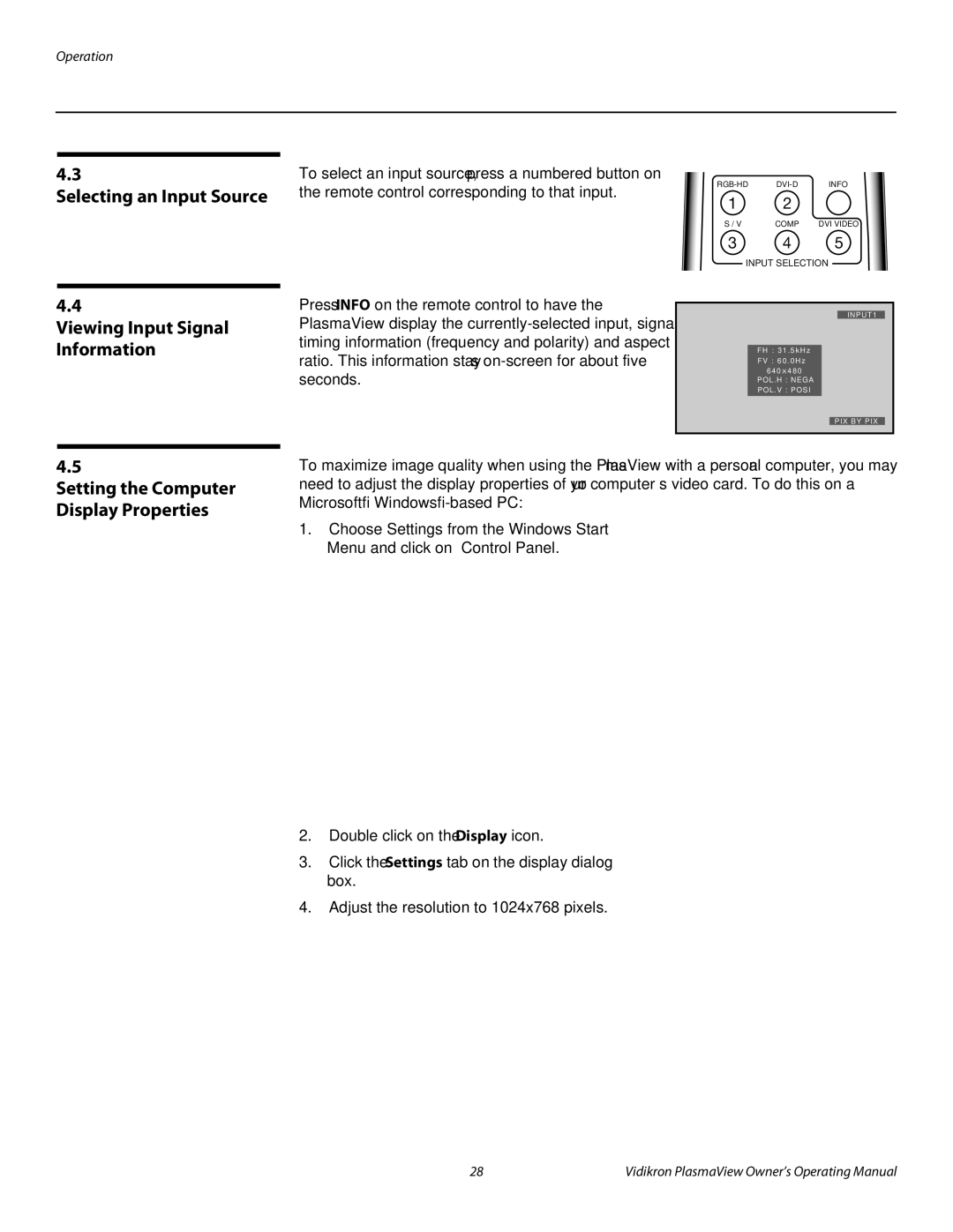 Vidikron VP-6000a Selecting an Input Source Viewing Input Signal Information, Setting the Computer Display Properties 