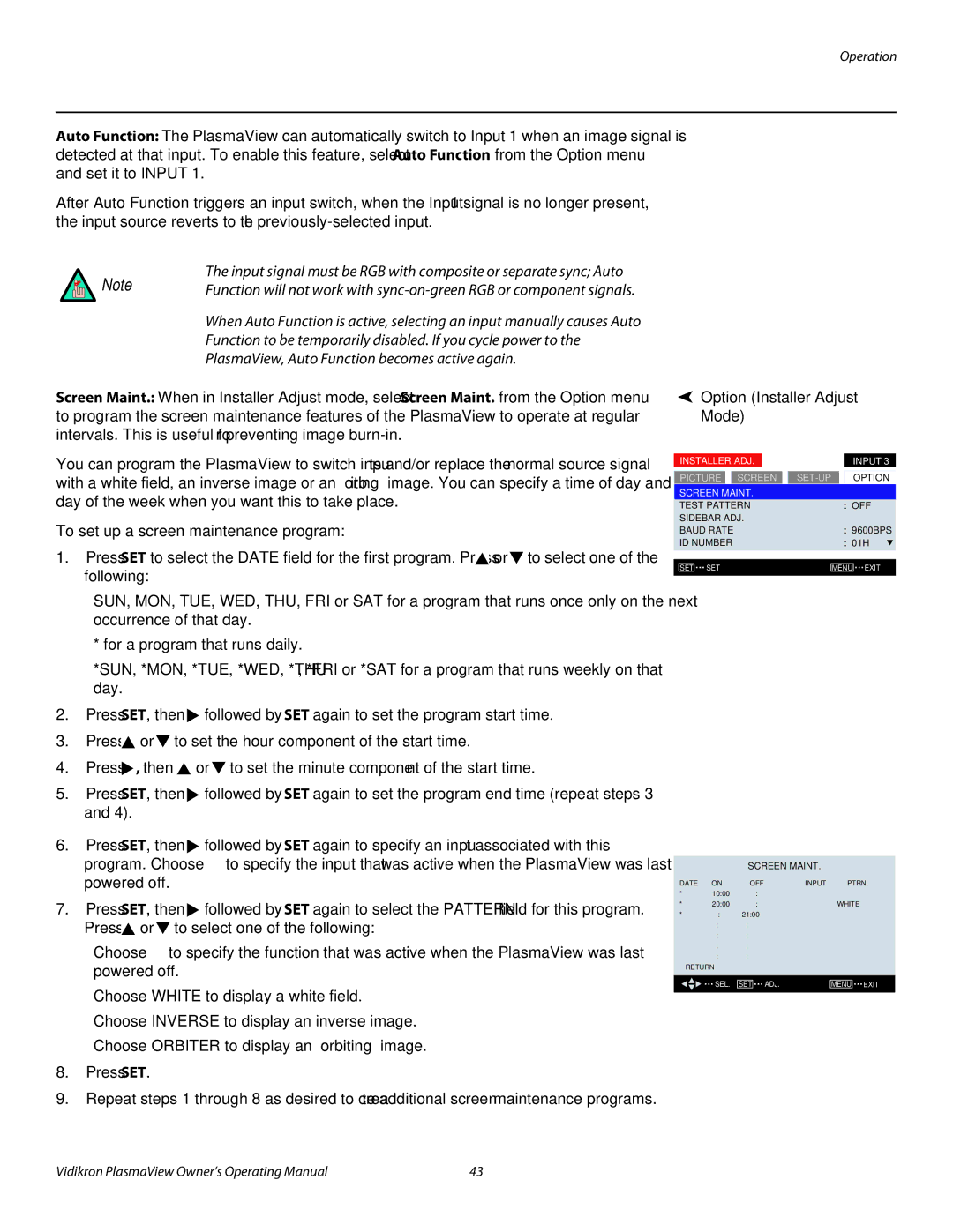 Vidikron VP-5000, VP-4200, VP-6000a manual PlasmaView, Auto Function becomes active again, Option Installer Adjust Mode 