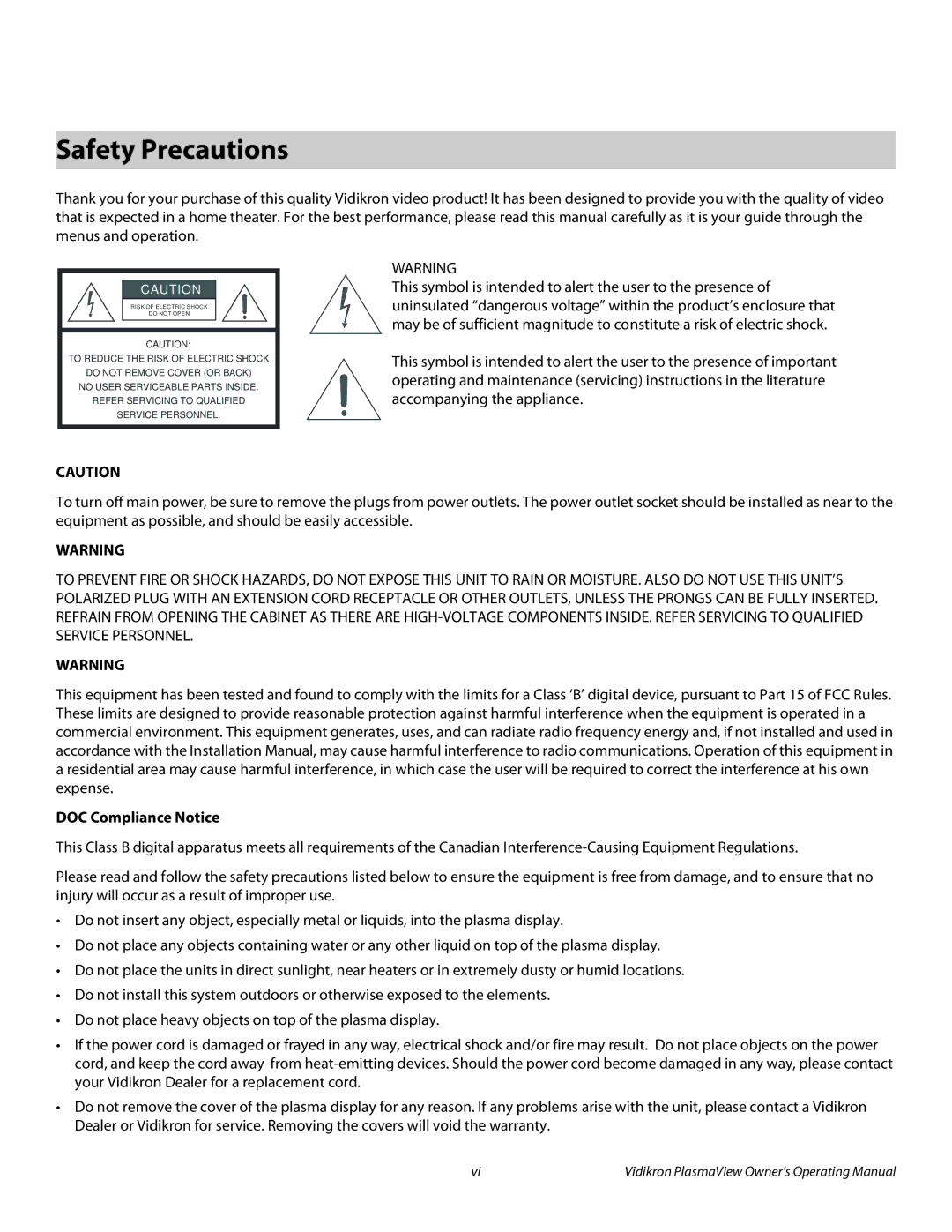 Vidikron VP-6000a, VP-4200a, VP-5000a manual Safety Precautions, DOC Compliance Notice 