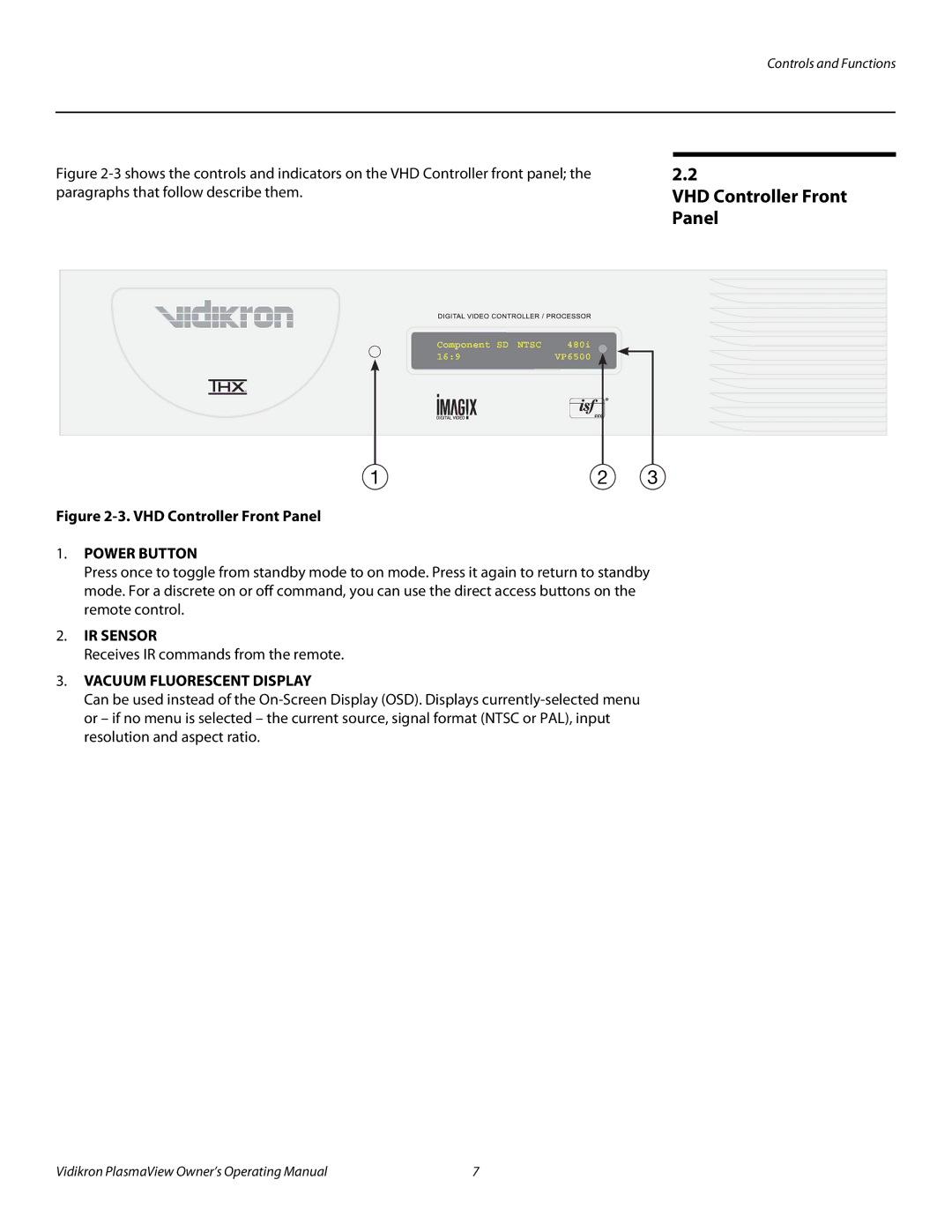 Vidikron VP-6500VHDA manual VHD Controller Front Panel 