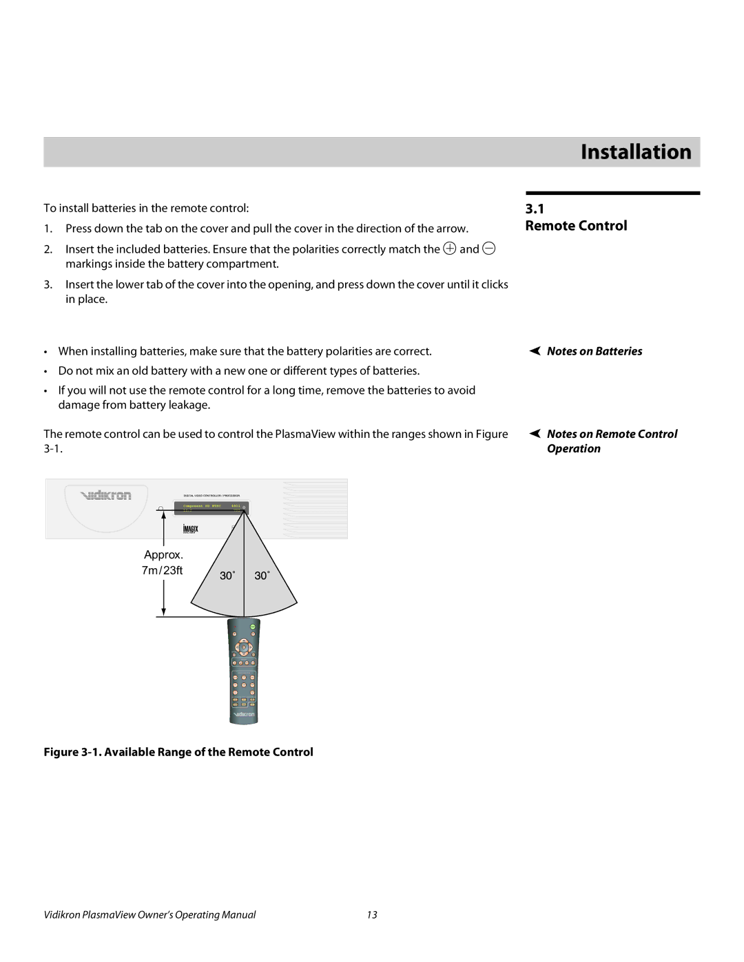 Vidikron VP-6500VHDA manual 3Installation, Remote Control, Operation 