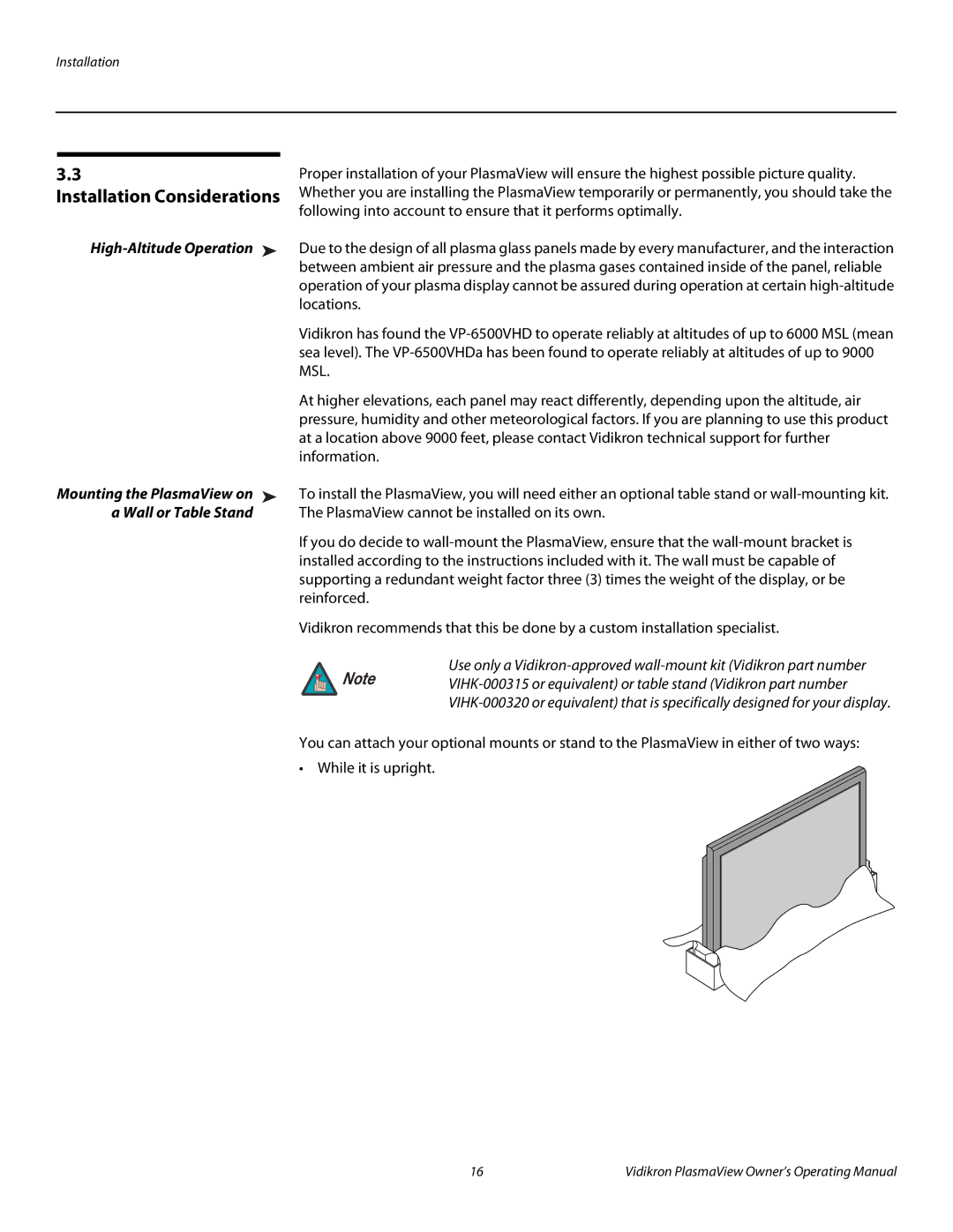 Vidikron VP-6500VHDA manual Installation Considerations, High-Altitude Operation 