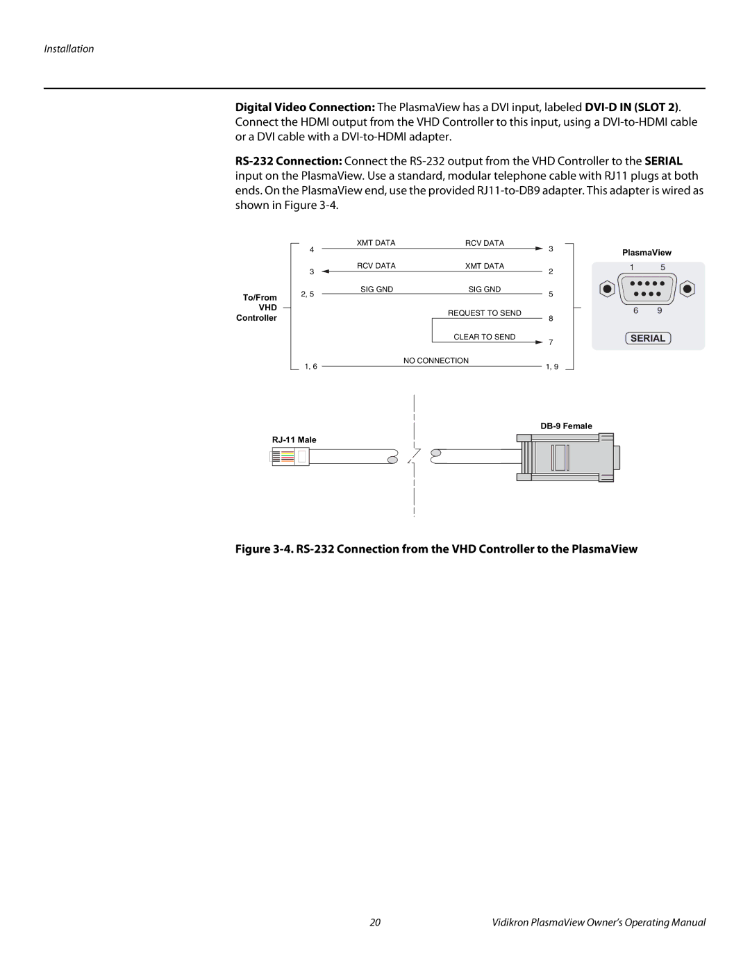 Vidikron VP-6500VHDA manual RS-232 Connection from the VHD Controller to the PlasmaView 