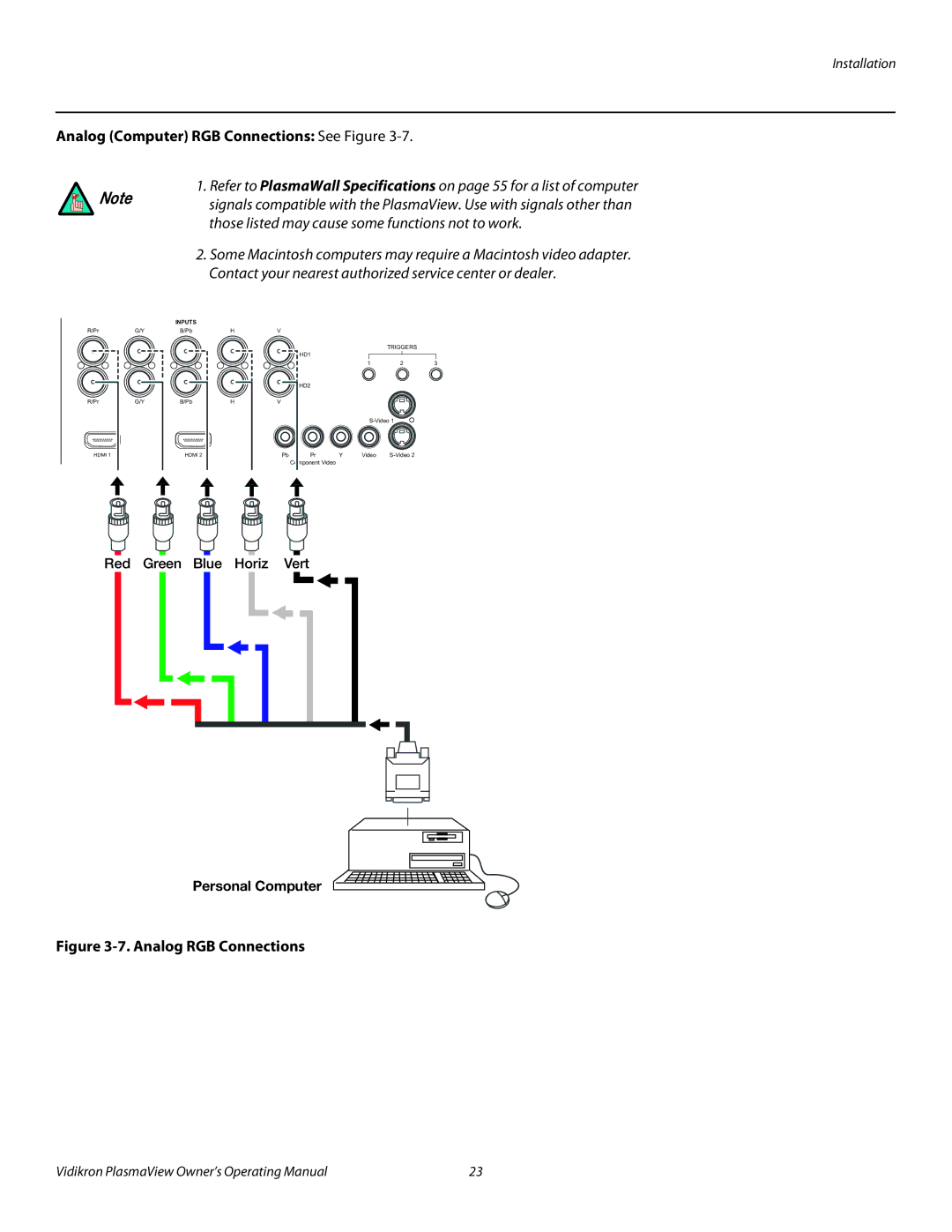 Vidikron VP-6500VHDA manual Analog Computer RGB Connections See Figure, Personal Computer 