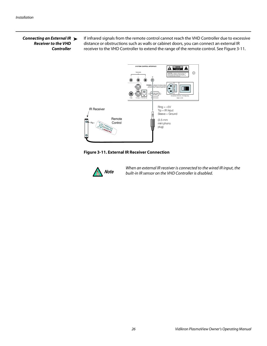 Vidikron VP-6500VHDA manual Receiver to the VHD, External IR Receiver Connection 