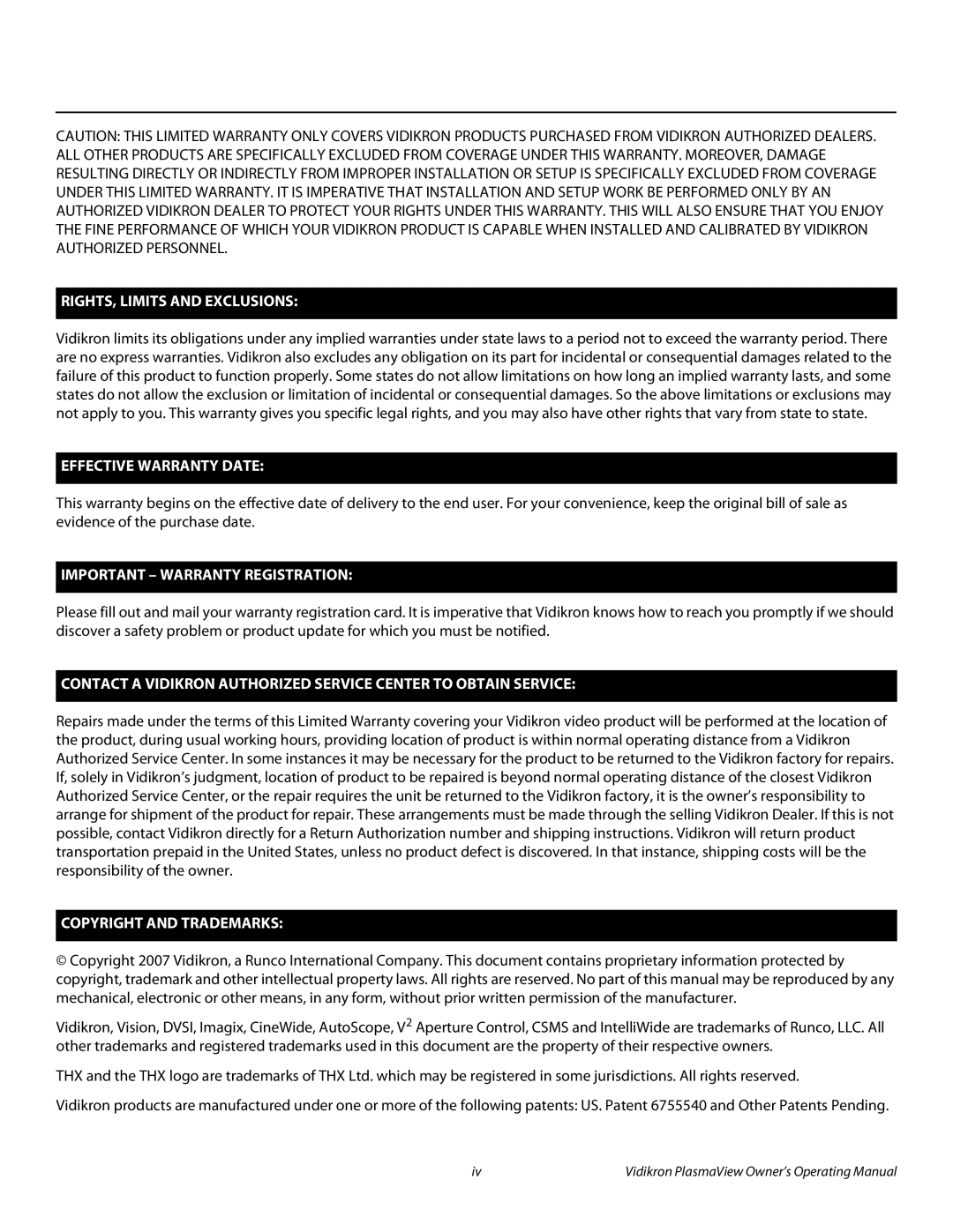 Vidikron VP-6500VHDA manual RIGHTS, Limits and Exclusions 