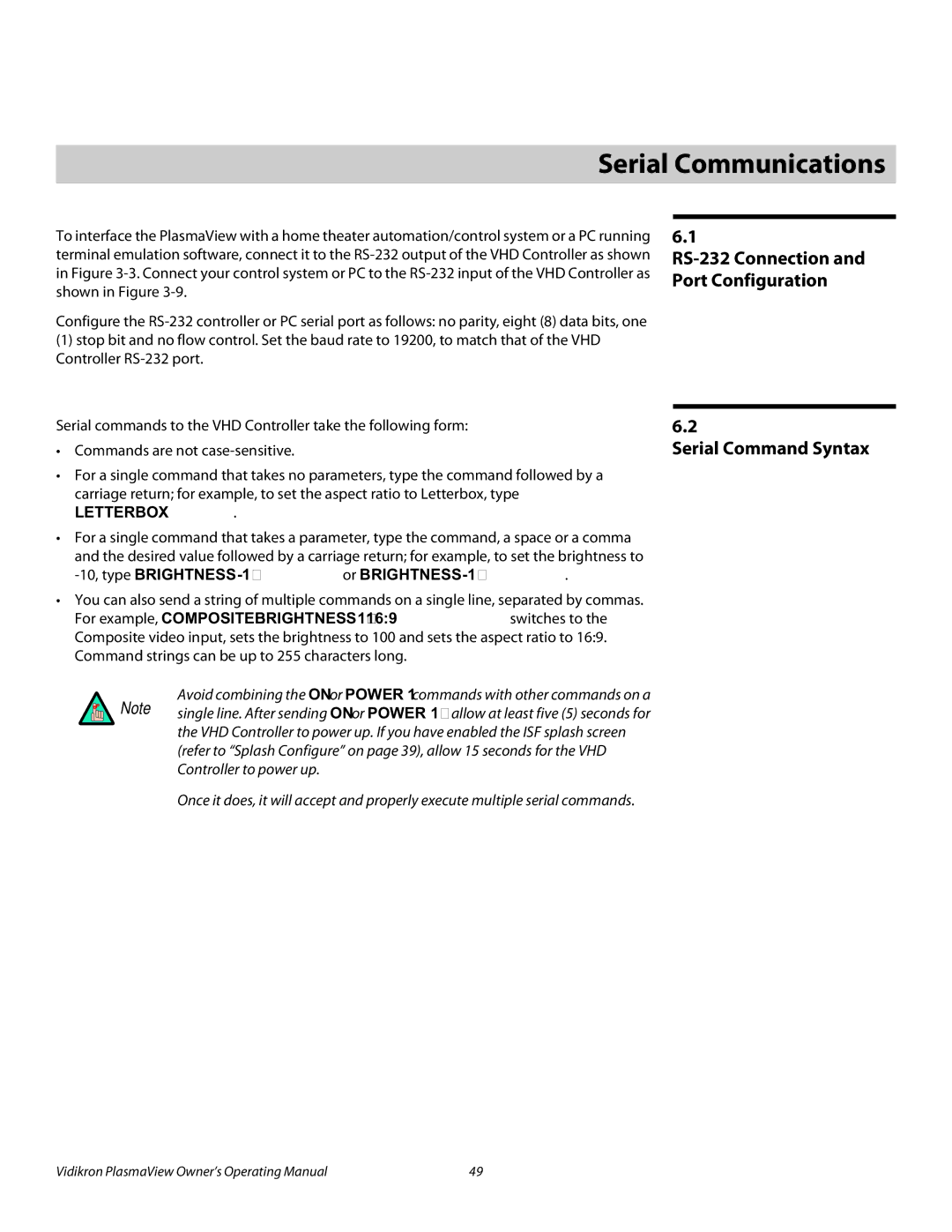 Vidikron VP-6500VHDA manual 6Serial Communications, Serial Command Syntax 