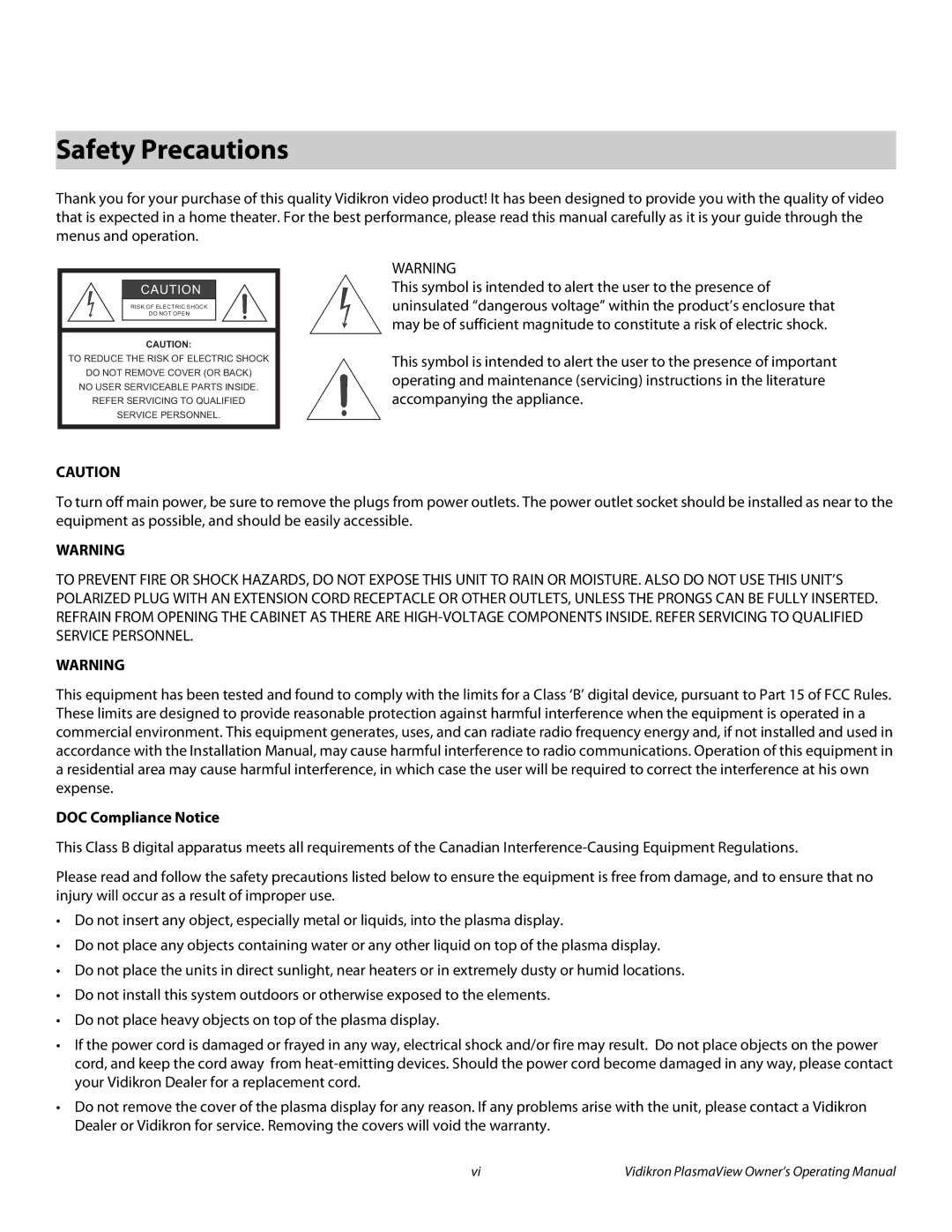 Vidikron VP-6500VHDA manual Safety Precautions, DOC Compliance Notice 