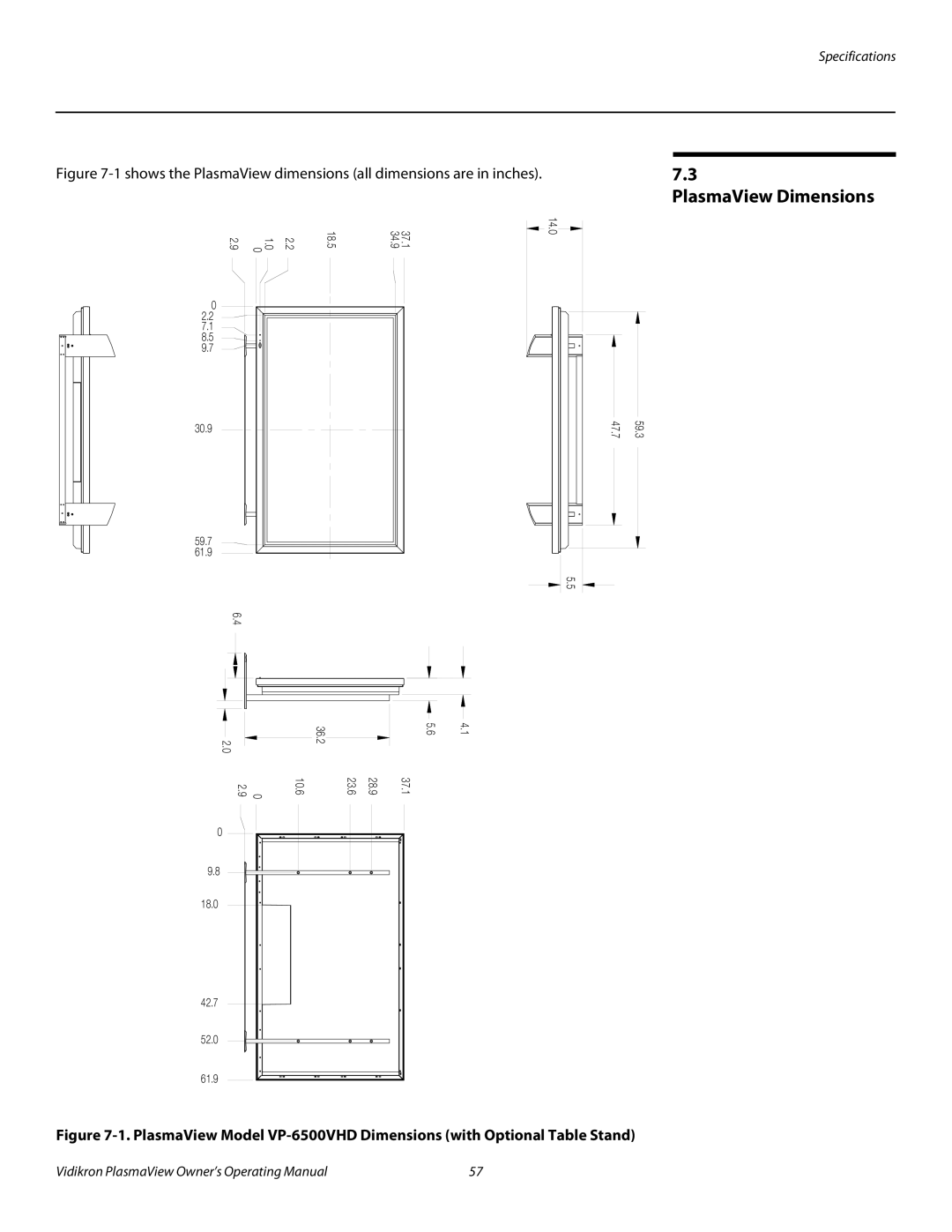 Vidikron VP-6500VHDA manual PlasmaView Dimensions 