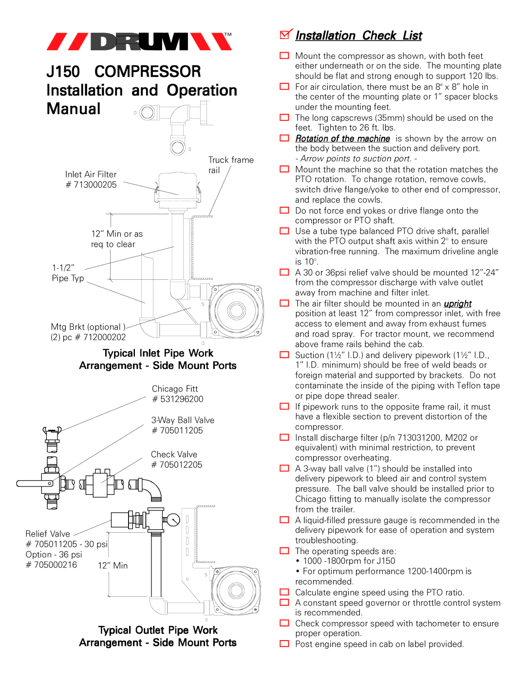 VidPro J150 manual Installation Check List, Arrow points to suction port 