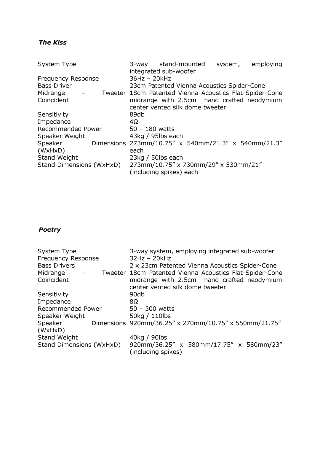 Vienna Acoustics The Music, Klimt Series, Poetry, The Kiss owner manual 273mm/10.75 x 540mm/21.3 x 540mm/21.3 