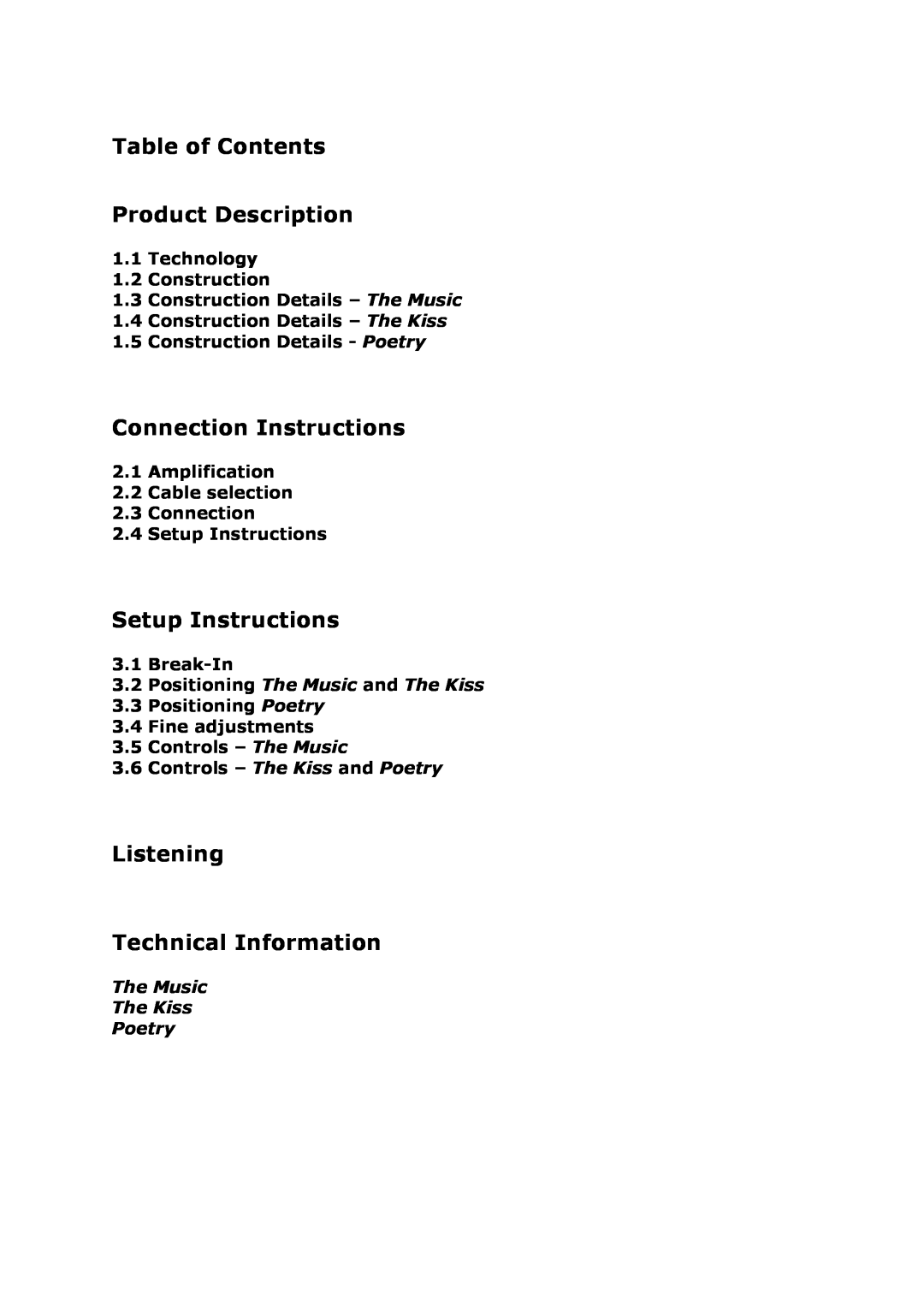 Vienna Acoustics Poetry, Klimt Series Table of Contents Product Description, Connection Instructions, Setup Instructions 
