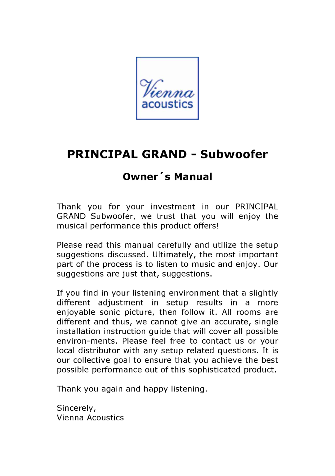 Vienna Acoustics owner manual Principal Grand Subwoofer, Owner´s Manual 