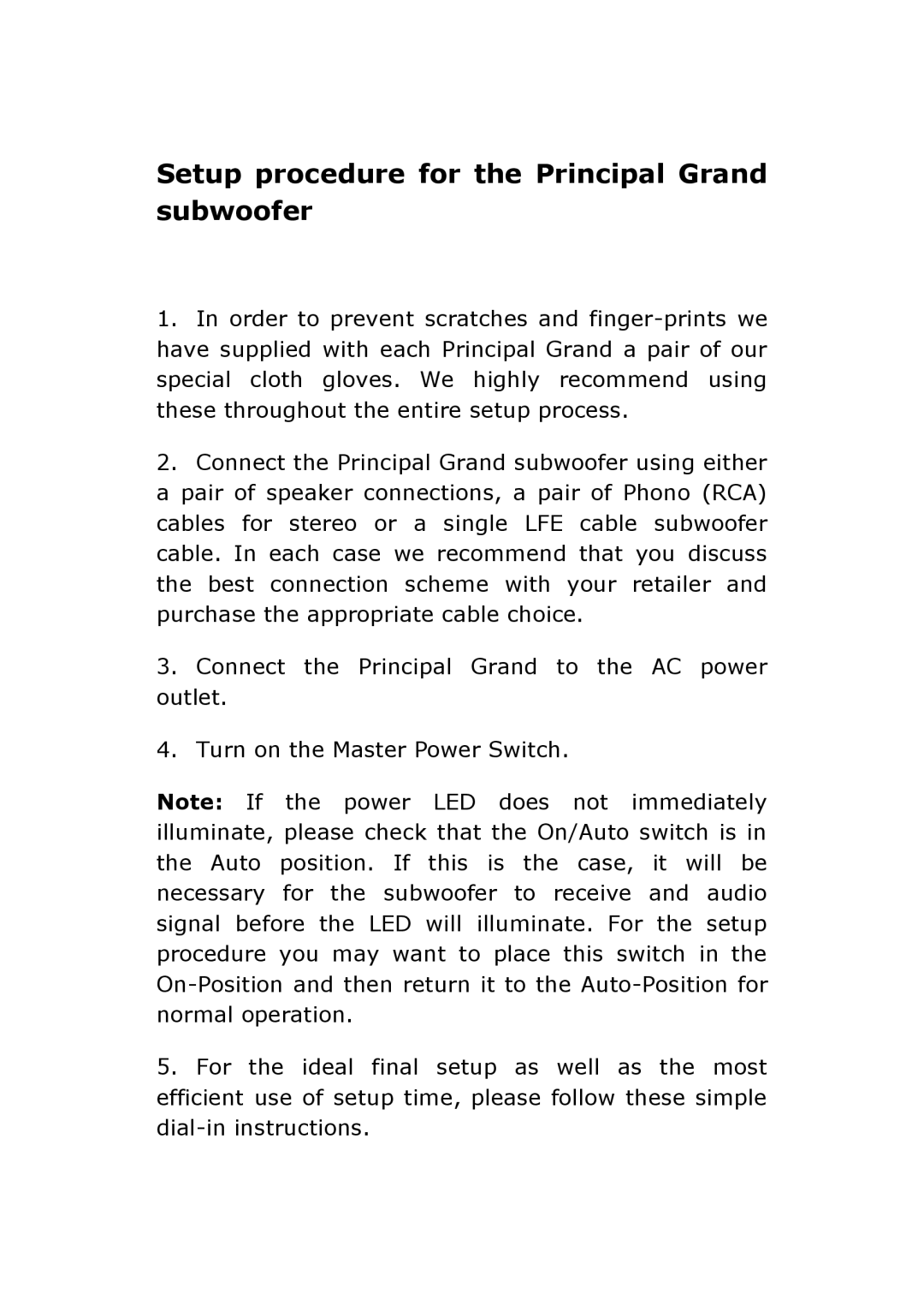 Vienna Acoustics owner manual Setup procedure for the Principal Grand subwoofer 