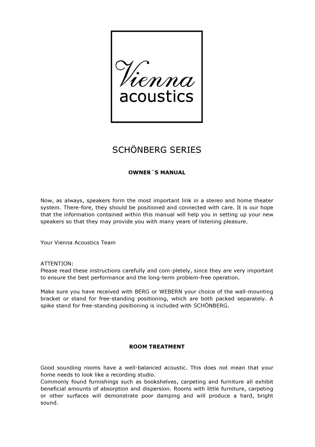 Vienna Acoustics Schonberg Series owner manual OWNER´S Manual, Room Treatment 