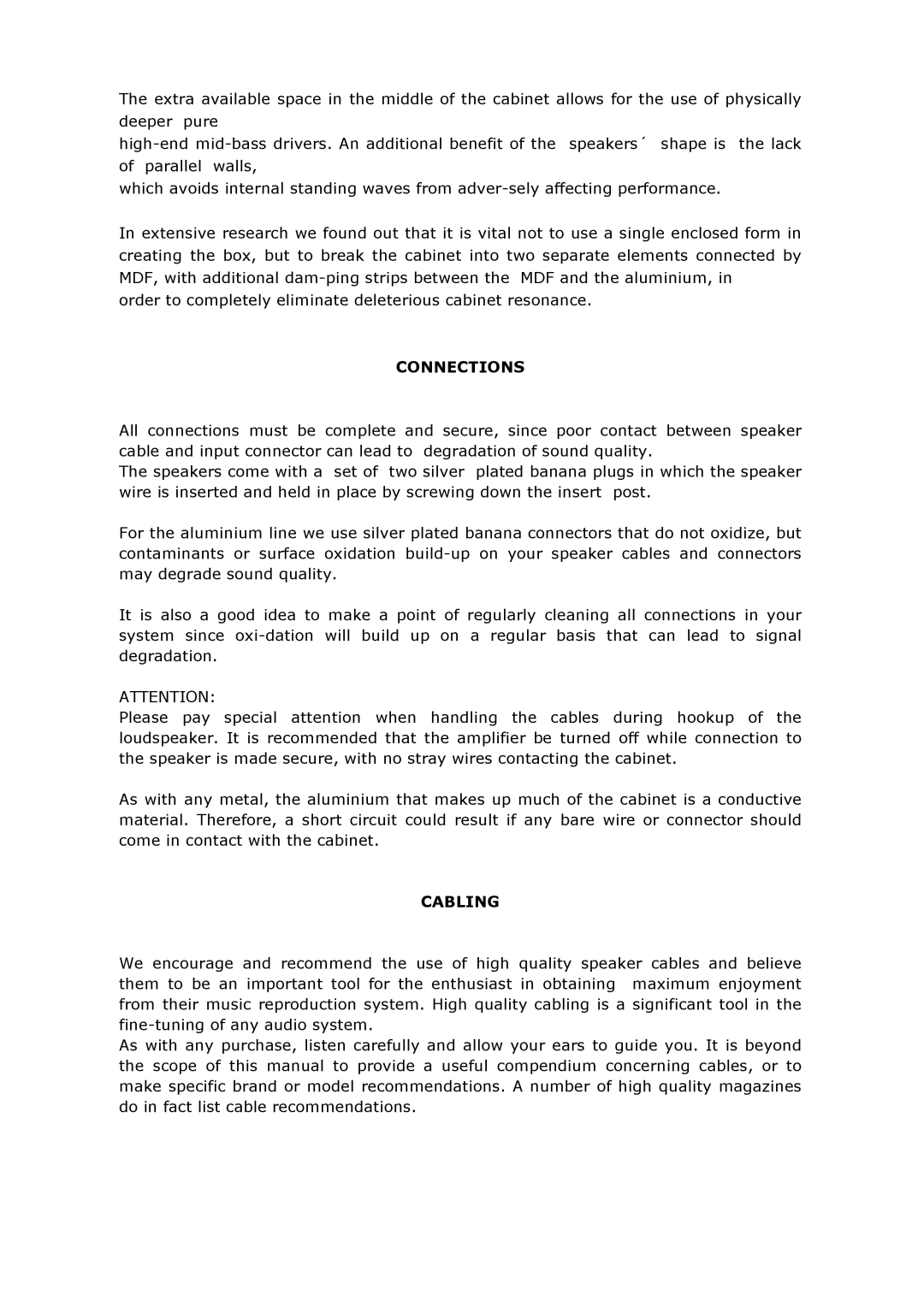 Vienna Acoustics Schonberg Series owner manual Connections, Cabling 