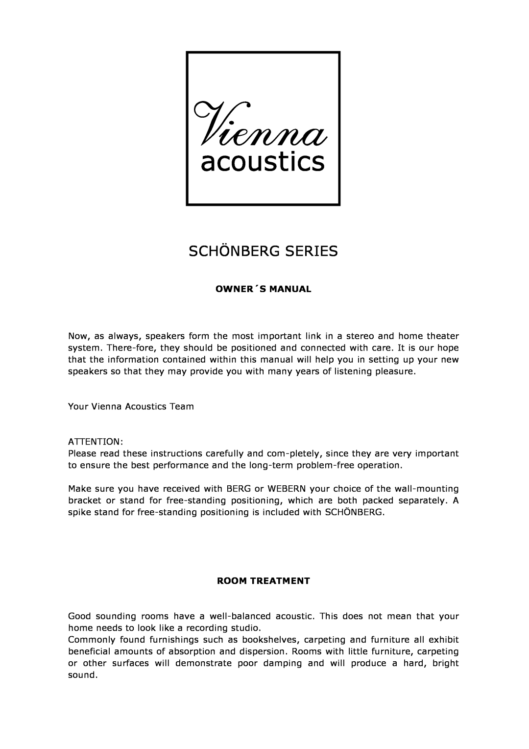Vienna Acoustics Schonberg Series owner manual Owner´S Manual, Room Treatment, Schönberg Series 