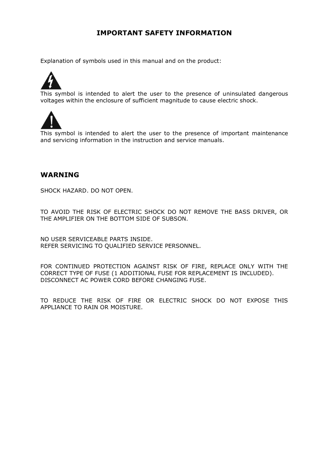 Vienna Acoustics Subson manual Important Safety Information 