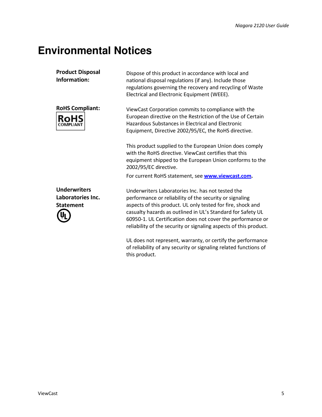 ViewCast 2120 manual Environmental Notices 