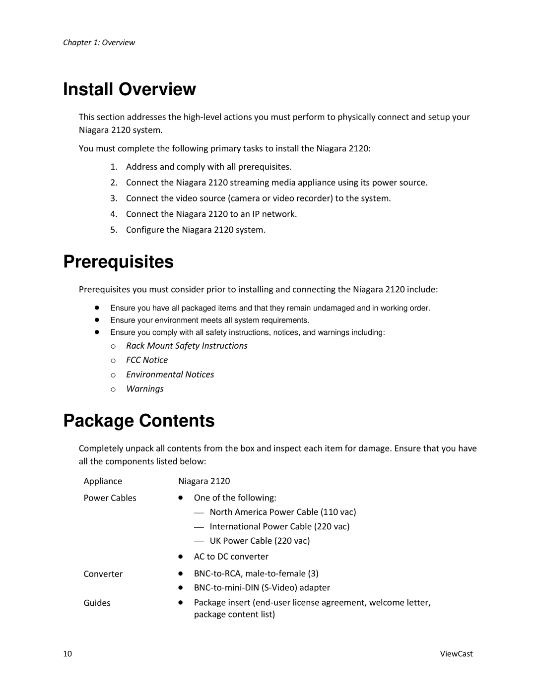 ViewCast 2120 manual Install Overview, Prerequisites, Package Contents 