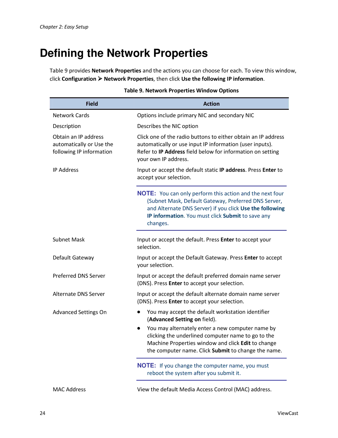 ViewCast 2120 Defining the Network Properties, Network Properties Window Options Field Action, Advanced Setting on field 