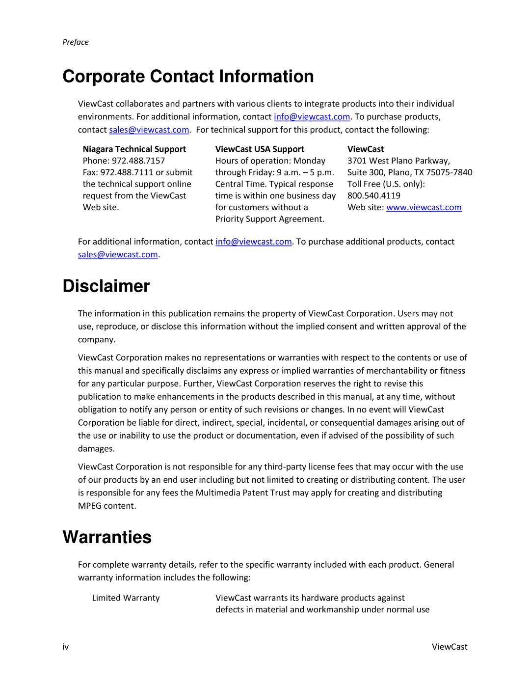 ViewCast 2120 manual Corporate Contact Information, Disclaimer, Warranties, Niagara Technical Support ViewCast USA Support 