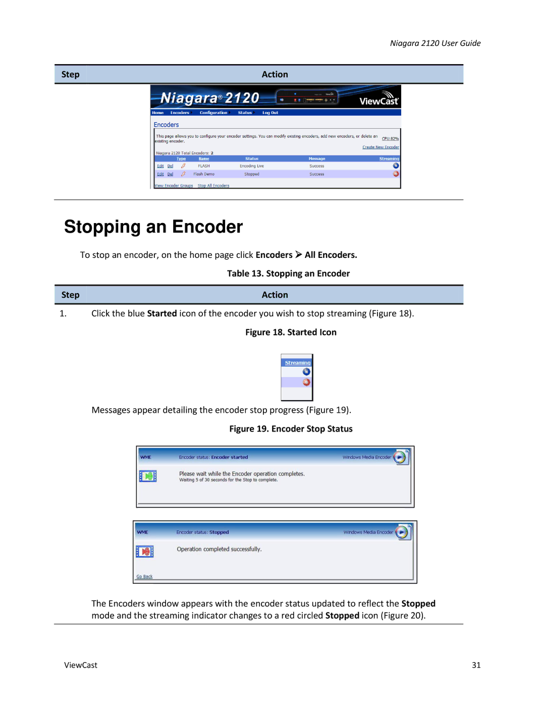 ViewCast 2120 manual Stopping an Encoder 