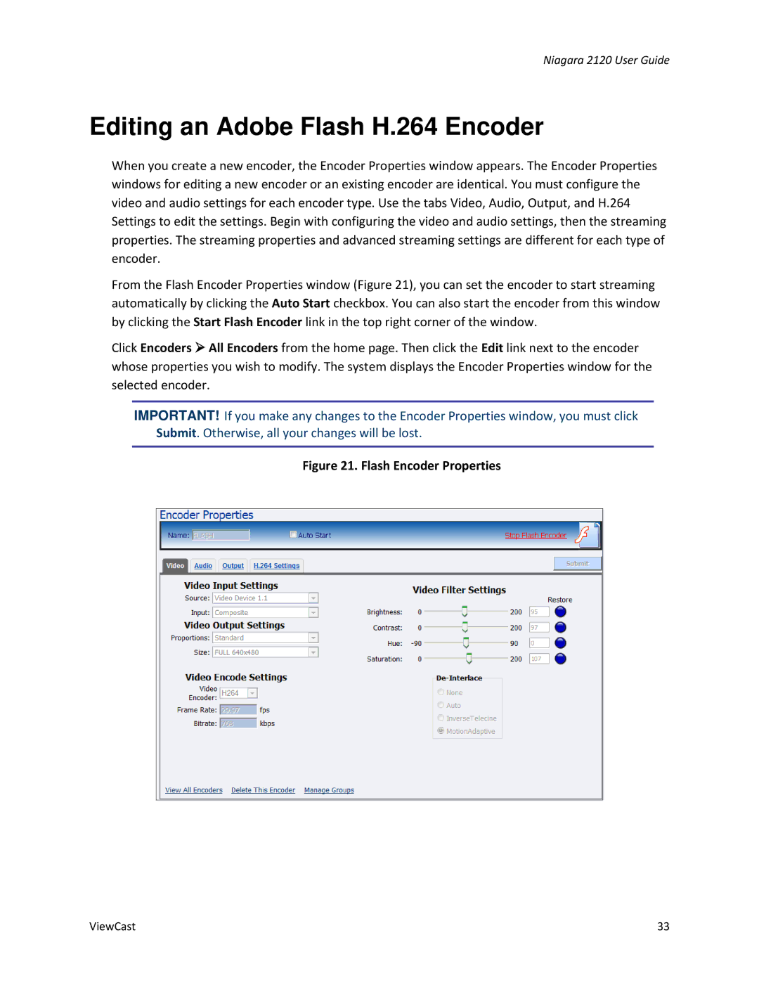 ViewCast 2120 manual Editing an Adobe Flash H.264 Encoder, Flash Encoder Properties 