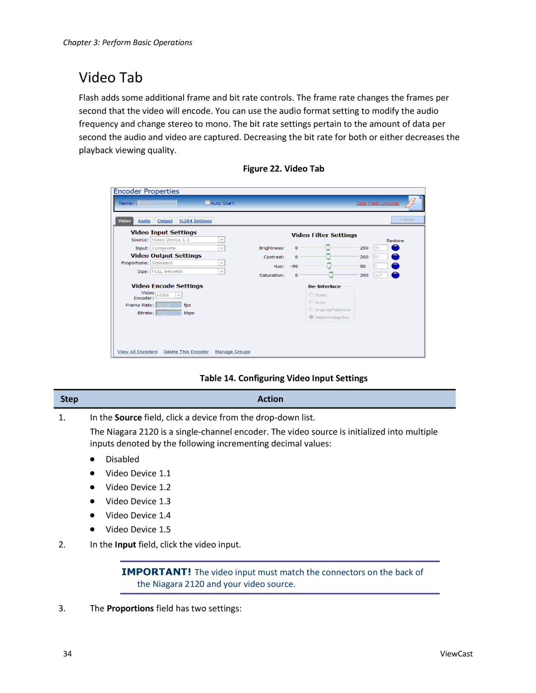 ViewCast 2120 manual Video Tab Configuring Video Input Settings Step Action 