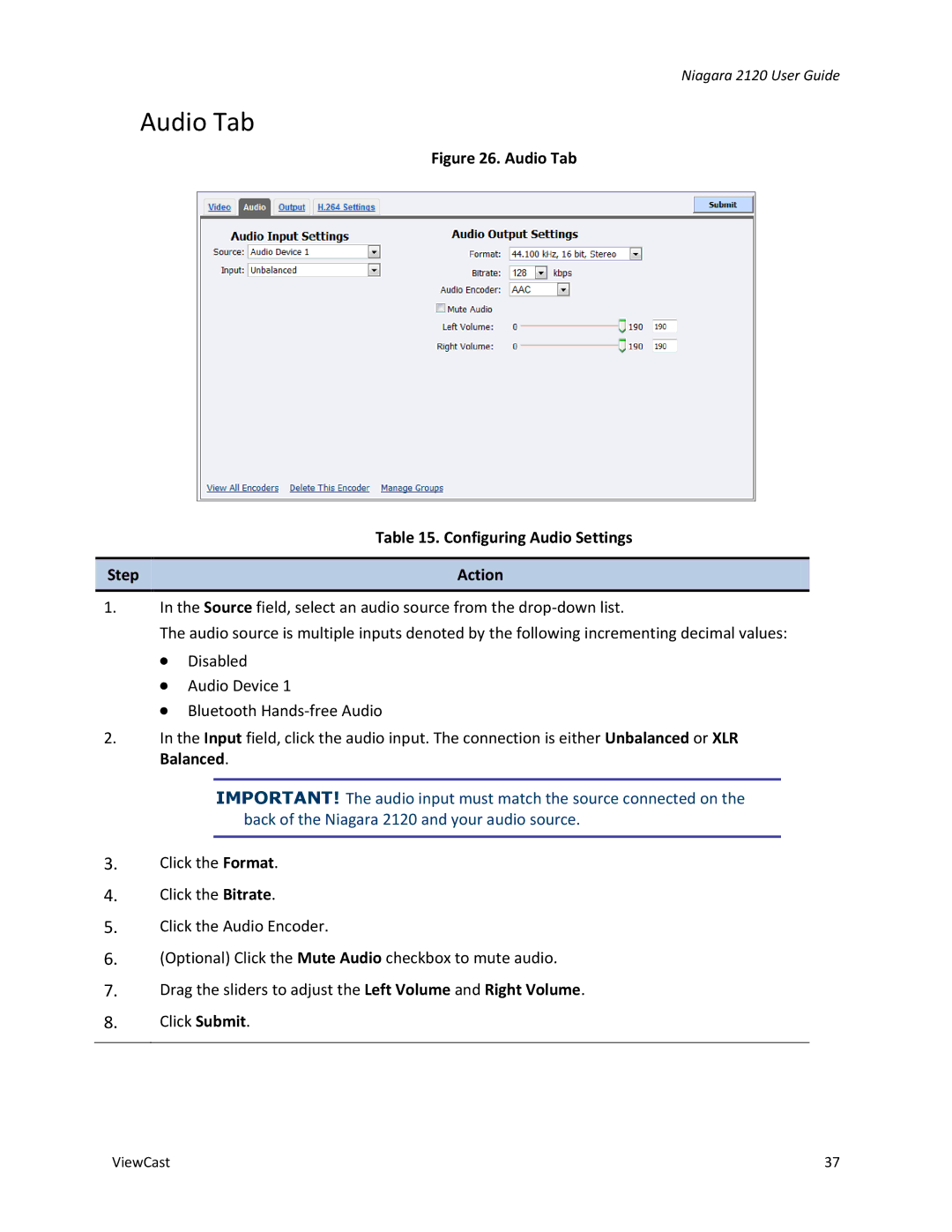 ViewCast 2120 manual Audio Tab Configuring Audio Settings Step Action 