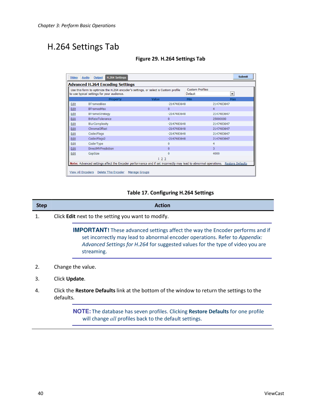 ViewCast 2120 manual Settings Tab Configuring H.264 Settings Step Action 