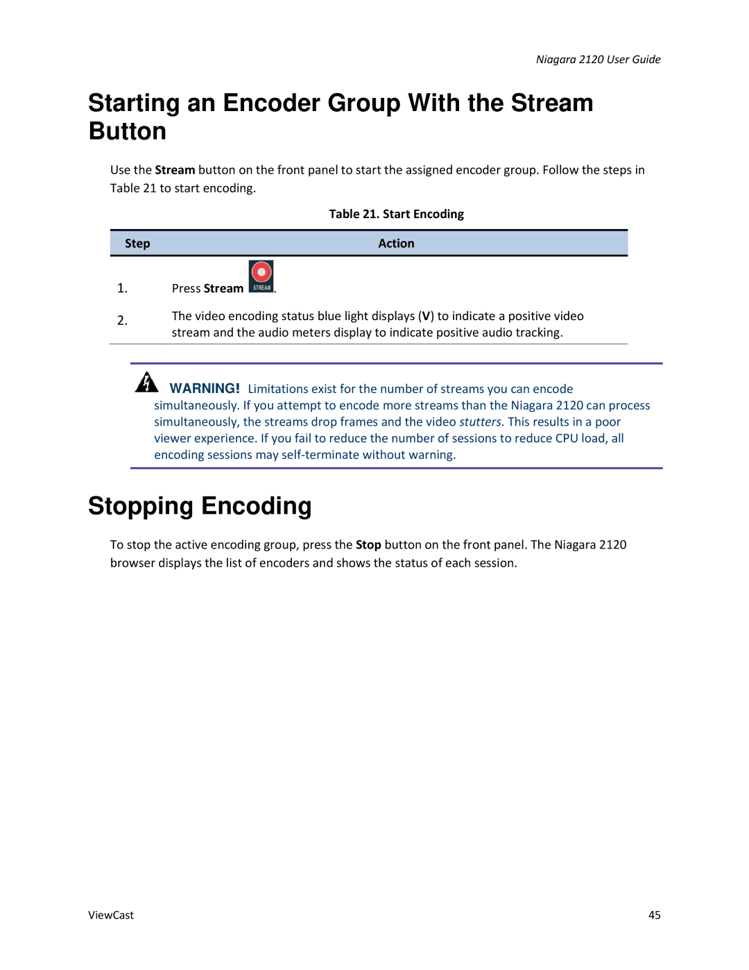 ViewCast 2120 manual Starting an Encoder Group With the Stream Button, Stopping Encoding, Start Encoding Step Action 