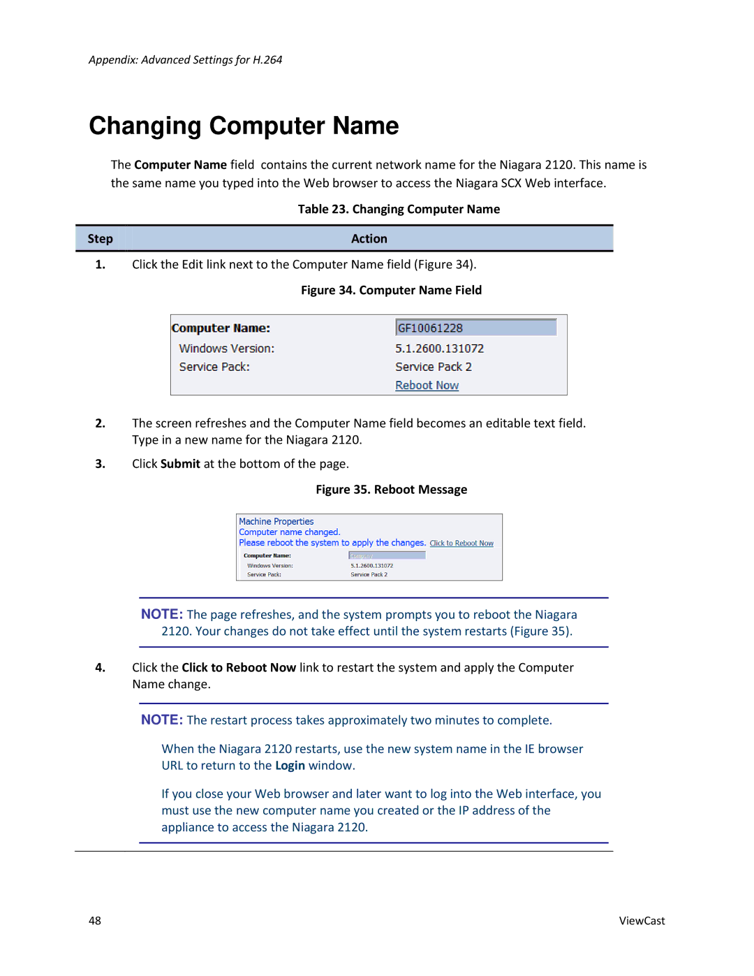 ViewCast 2120 manual Changing Computer Name Step Action 