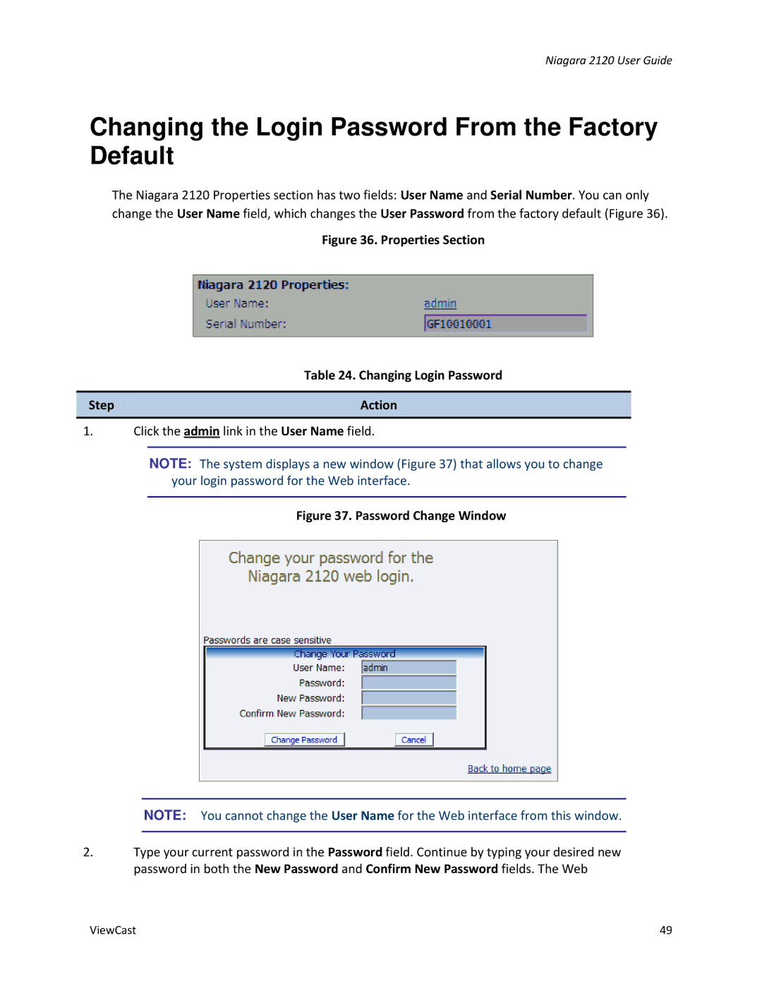 ViewCast 2120 Changing the Login Password From the Factory Default, Properties Section Changing Login Password Step Action 