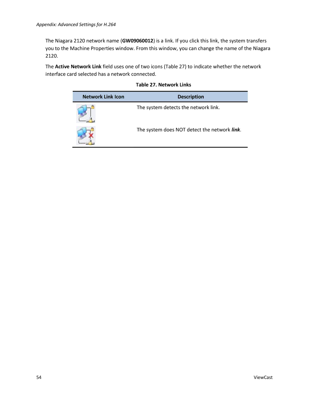 ViewCast 2120 manual Network Links Network Link Icon Description 