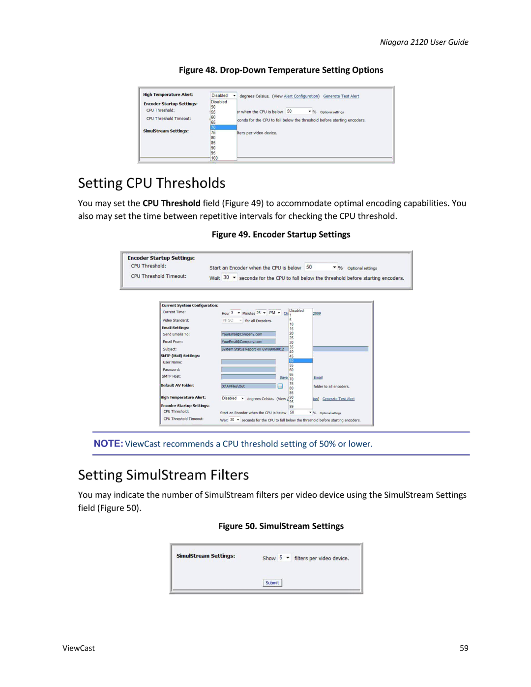 ViewCast 2120 manual Setting CPU Thresholds, Setting SimulStream Filters 