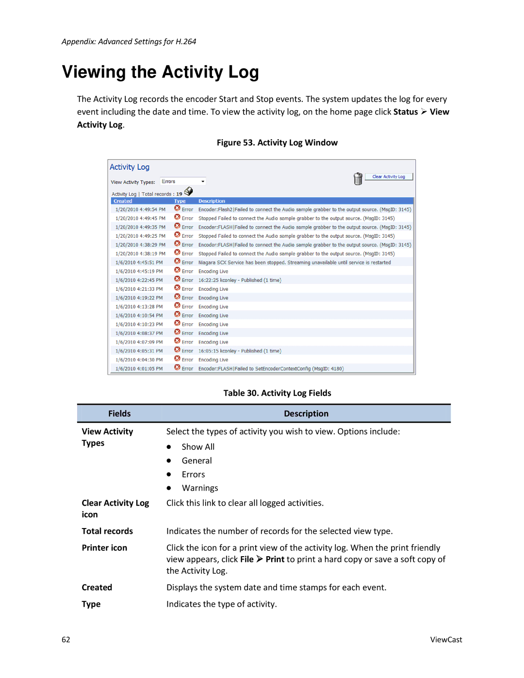 ViewCast 2120 manual Viewing the Activity Log 