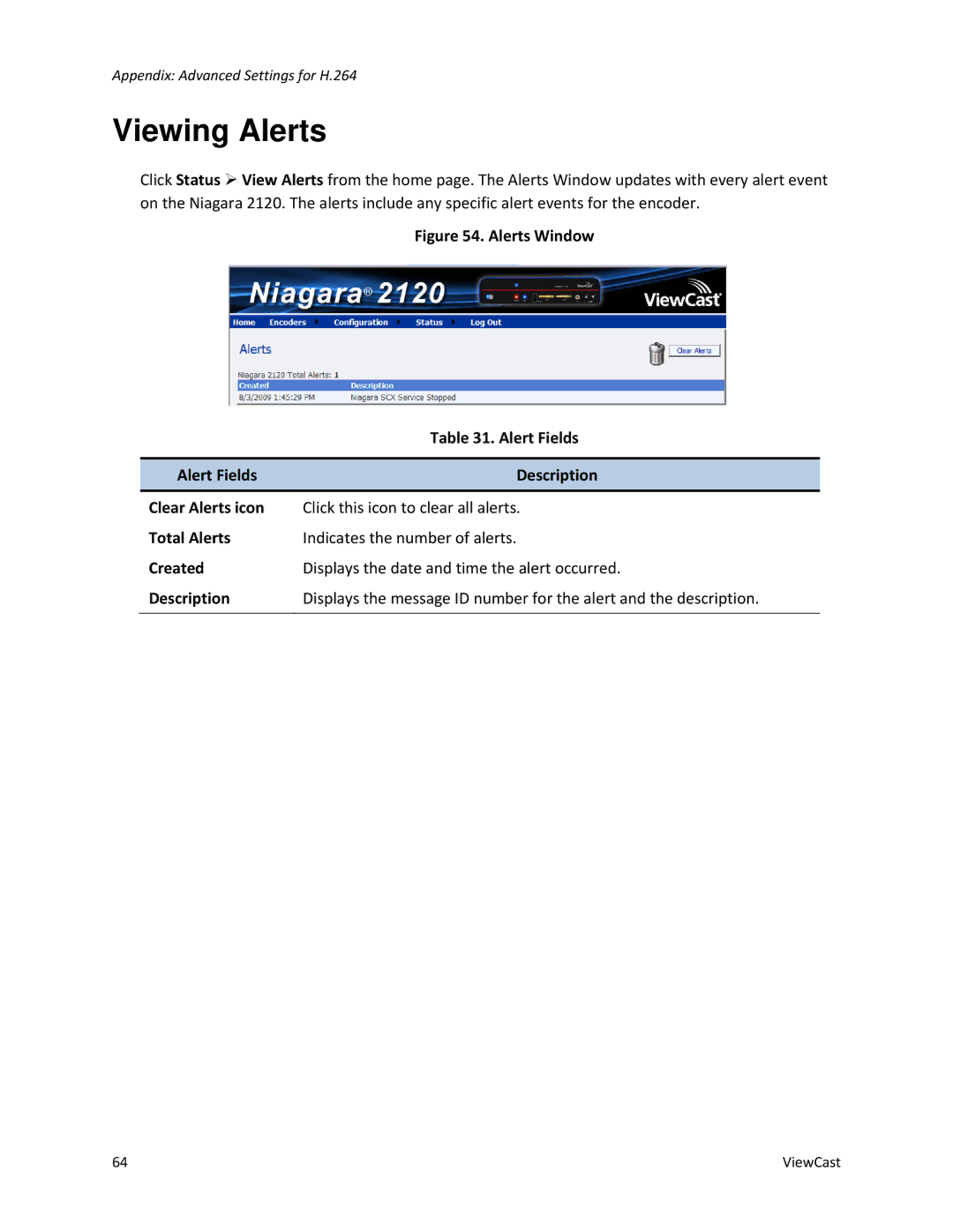 ViewCast 2120 manual Viewing Alerts 