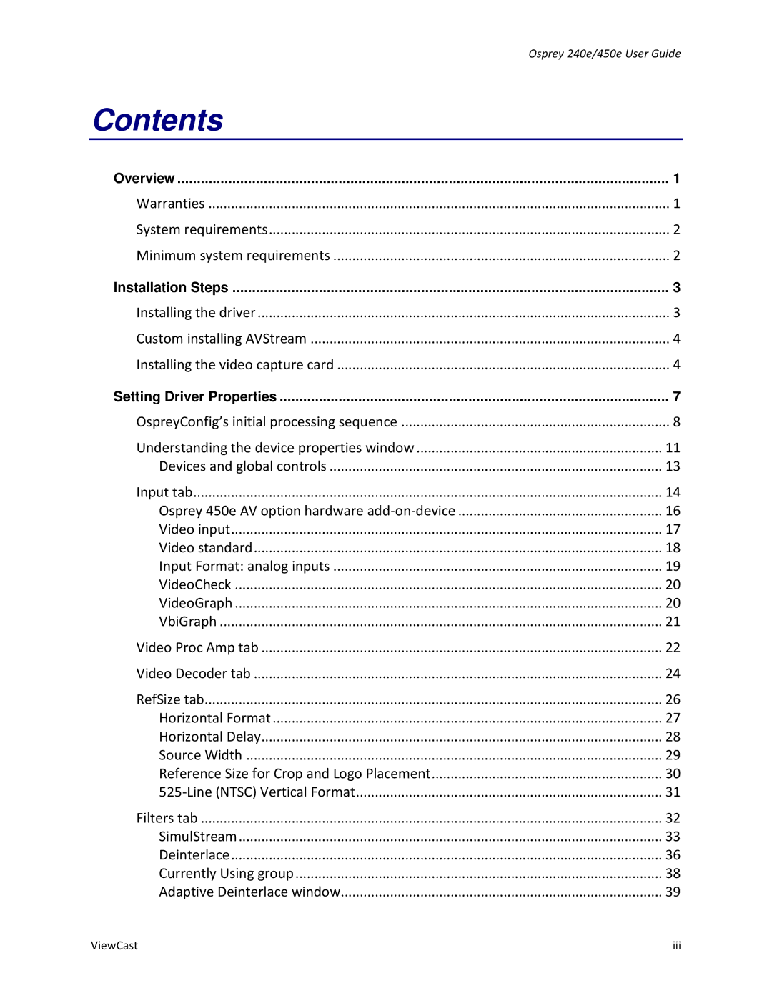 ViewCast 450E, 240E manual Contents 