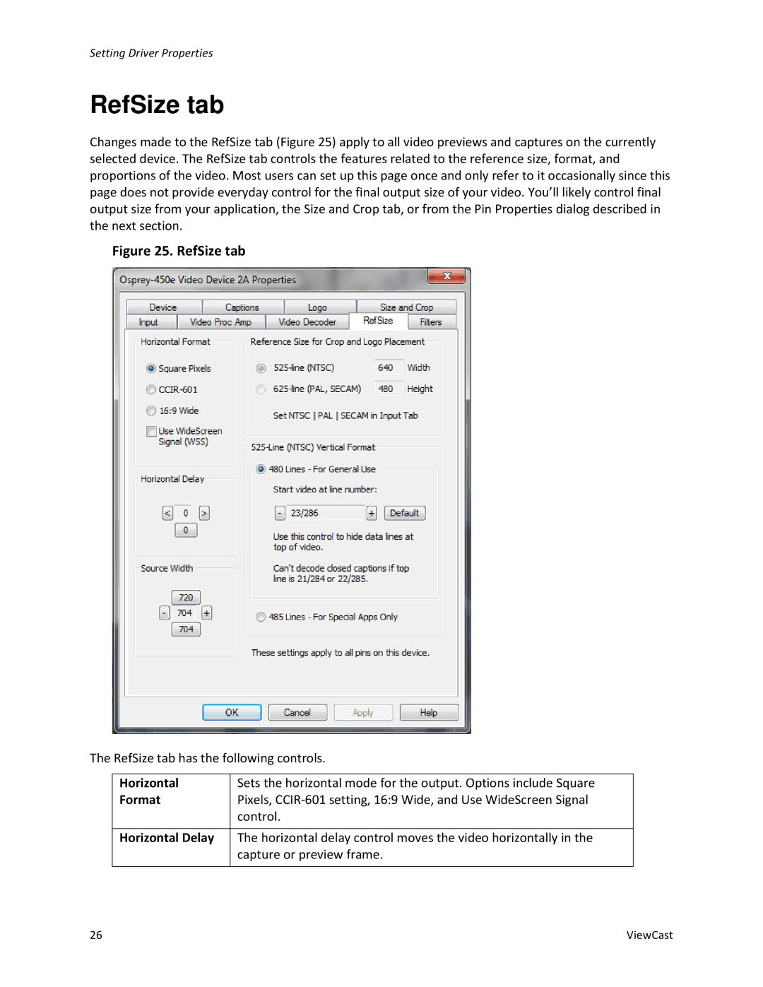 ViewCast 240E, 450E manual RefSize tab, Format, Horizontal Delay 