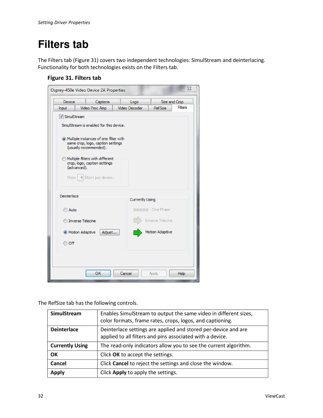 ViewCast 240E, 450E manual Filters tab, SimulStream, Deinterlace, Currently Using 