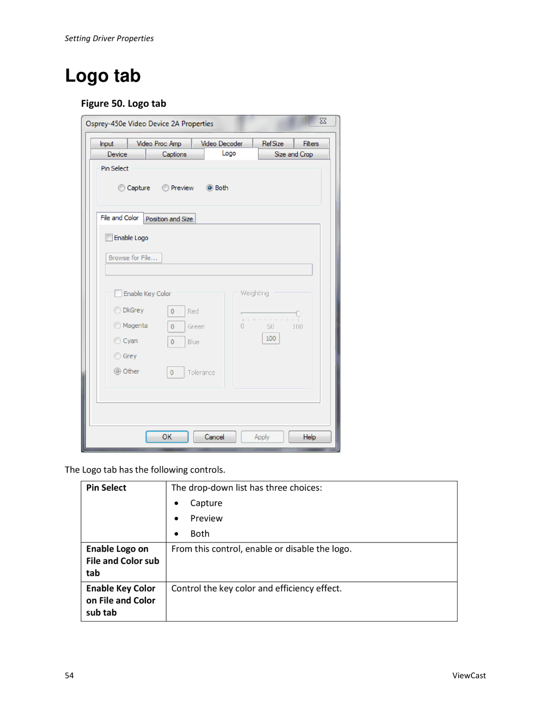 ViewCast 240E, 450E manual Logo tab, Enable Logo on, File and Color sub Tab Enable Key Color, On File and Color Sub tab 